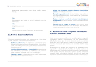 Material de estucio
20
Aprendizaje permanente para hacer mejor nuestro
trabajo.
T de:
Transparencia en todos los actos; tolerancia con las
diferencias.
I de:
Integridad personal.
L de:
Lealtad hacia los valores y principios de la institución.
2.2. Normas de comportamiento
Orientados por estos principios, todo el personal del Censo debe
cumplir con estas normas de comportamiento:
Participar activamente en el plan de capacitación para
poder cumplir sus funciones con efectividad. Esto incluye:
asistir a eventos presenciales y estudiar con detenimiento
este documento.
Comunicar oportunamente y con precisión el desarrollo de
las actividades, novedades o problemas que pudieran
surgir, para que el trabajo fluya con tranquilidad.
Verificar a diario el cumplimiento de las tareas planificadas
para alcanzar excelentes resultados.
Actuar con cordialidad, respeto, tolerancia, corrección y
calidez con todas las personas.
Cumplir responsablemente las actividades asignadas sin
encargar o delegar a otros, como muestra del compromiso
con este proceso.
Cuidar y mantener en perfecto estado el material, equipos
y vestimenta que se ha recibido como parte del operativo
censal.
Cumplir con las cargas de trabajo, aun cuando estas
incluyan realizar entrevistas fines de semana, días festivos o
muy temprano en la mañana o en la noche.
2.3. Equidad, inclusión y respeto a los derechos
humanos durante el Censo
Todas las personas somos diferentes, por edad, género, lugar de
nacimiento, pueblo o nacionalidad a la que pertenecemos,
dificultades físicas que tenemos, situación socio-económica,
entre otras. Esas características hacen que no existan dos seres
humanos exactos, lo que hace que la sociedad sea tan rica y
diversa.
Sin embargo, no siempre esas diferencias se entienden como
algo positivo y propio de la humanidad. En muchas ocasiones la
diferencia es vista como una condición negativa o de inferioridad
frente a otras personas. Esa actitud genera muchas formas de
violencia física, psicológica, simbólica, económica, legal, que
impiden la convivencia armónica entre los seres humanos y que,
 
