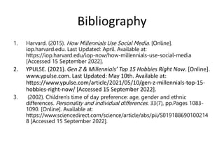 Bibliography
1. Harvard. (2015). How Millennials Use Social Media. [Online].
iop.harvard.edu. Last Updated: April. Available at:
https://iop.harvard.edu/iop-now/how-millennials-use-social-media
[Accessed 15 September 2022].
2. YPULSE. (2021). Gen Z & Millennials’ Top 15 Hobbies Right Now. [Online].
www.ypulse.com. Last Updated: May 10th. Available at:
https://www.ypulse.com/article/2021/05/10/gen-z-millennials-top-15-
hobbies-right-now/ [Accessed 15 September 2022].
3. (2002). Children's time of day preference: age, gender and ethnic
differences. Personality and individual differences. 33(7), pp.Pages 1083-
1090. [Online]. Available at:
https://www.sciencedirect.com/science/article/abs/pii/S019188690100214
8 [Accessed 15 September 2022].
 