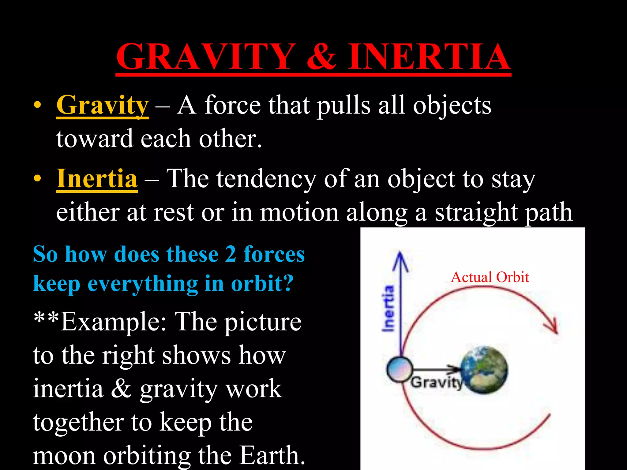 GRAVITY & INERTIA
• Gravity – A force that pulls all objects
toward each other.
• Inertia – The tendency of an object to stay
either at rest or in motion along a straight path
So how does these 2 forces
keep everything in orbit?
**Example: The picture
to the right shows how
inertia & gravity work
together to keep the
moon orbiting the Earth.
Actual Orbit
 