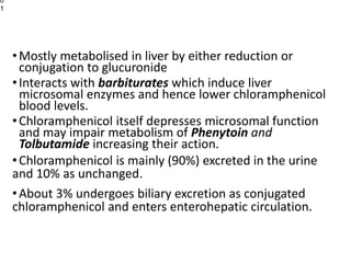 •Mostly metabolised in liver by either reduction or
conjugation to glucuronide
•Interacts with barbiturates which induce liver
microsomal enzymes and hence lower chloramphenicol
blood levels.
•Chloramphenicol itself depresses microsomal function
and may impair metabolism of Phenytoin and
Tolbutamide increasing their action.
•Chloramphenicol is mainly (90%) excreted in the urine
and 10% as unchanged.
•About 3% undergoes biliary excretion as conjugated
chloramphenicol and enters enterohepatic circulation.
0
1
 