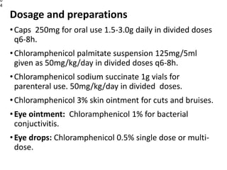 Dosage and preparations
•Caps 250mg for oral use 1.5-3.0g daily in divided doses
q6-8h.
•Chloramphenicol palmitate suspension 125mg/5ml
given as 50mg/kg/day in divided doses q6-8h.
•Chloramphenicol sodium succinate 1g vials for
parenteral use. 50mg/kg/day in divided doses.
•Chloramphenicol 3% skin ointment for cuts and bruises.
•Eye ointment: Chloramphenicol 1% for bacterial
conjuctivitis.
•Eye drops: Chloramphenicol 0.5% single dose or multi-
dose.
0
4
 