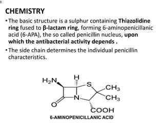 CHEMISTRY
•The basic structure is a sulphur containing Thiazolidine
ring fused to β-lactam ring, forming 6-aminopenicillanic
acid (6-APA), the so called penicillin nucleus, upon
which the antibacterial activity depends .
•The side chain determines the individual penicillin
characteristics.
6
6-AMINOPENICILLANIC ACID
 