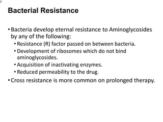 •Bacteria develop eternal resistance to Aminoglycosides
by any of the following:
• Resistance (R) factor passed on between bacteria.
• Development of ribosomes which do not bind
aminoglycosides.
• Acquisition of inactivating enzymes.
• Reduced permeability to the drug.
•Cross resistance is more common on prolonged therapy.
7
Bacterial Resistance
 
