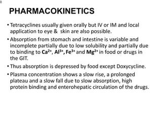• Tetracyclines usually given orally but IV or IM and local
application to eye & skin are also possible.
• Absorption from stomach and intestine is variable and
incomplete partially due to low solubility and partially due
to binding to Ca2+, Al3+,Fe3+ and Mg2+ in food or drugs in
the GIT.
• Thus absorption is depressed by food except Doxycycline.
• Plasma concentration shows a slow rise, a prolonged
plateau and a slow fall due to slow absorption, high
protein binding and enterohepatic circulation of the drugs.
0
PHARMACOKINETICS
 