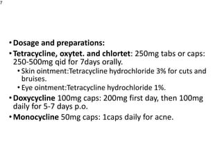 •Dosage and preparations:
•Tetracycline, oxytet. and chlortet: 250mg tabs or caps:
250-500mg qid for 7days orally.
• Skin ointment:Tetracycline hydrochloride 3% for cuts and
bruises.
• Eye ointment:Tetracycline hydrochloride 1%.
•Doxycycline 100mg caps: 200mg first day, then 100mg
daily for 5-7 days p.o.
•Monocycline 50mg caps: 1caps daily for acne.
7
 
