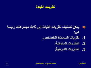 ‫البترا‬ ‫جامعة‬
‫الشرائح‬ ‫صممت‬
:
‫د‬
.
‫الضمور‬ ‫ابتسام‬
15
‫القيادة‬ ‫نظريات‬
‫رئ‬ ‫مجموعات‬ ‫ثالث‬ ‫إلى‬ ‫القيادة‬ ‫نظريات‬ ‫تصنيف‬ ‫يمكن‬
‫يسة‬
‫هي‬
:
.1
‫السمات‬ ‫نظريات‬
/
‫الخصائص‬
.
.2
‫السلوكية‬ ‫النظريات‬
.
.3
‫الشرطية‬ ‫النظريات‬
.
 