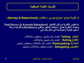 ‫البترا‬ ‫جامعة‬
‫الشرائح‬ ‫صممت‬
:
‫د‬
.
‫الضمور‬ ‫ابتسام‬
37
.3
‫نموذج‬ ‫نظرية‬
/
‫هيرسي‬ ‫نموذج‬
–
‫بالنشارد‬
(Hersey & Balanchard)
:
‫الكاتبين‬ ‫قبل‬ ‫من‬ ‫النظرية‬ ‫تطوير‬ ‫تم‬
Panl Hersey & Kenneth Balanchard
‫نضح‬ ‫النظرية‬ ‫وحددت‬
/
‫موقفي‬ ‫كمتغير‬ ‫استعداد‬
Readiness)
)
‫أربعة‬ ‫واقترحت‬
‫شكل‬ ‫في‬ ‫والموضحة‬ ‫قيادية‬ ‫أساليب‬
(
4
)
‫هي‬
:
•
‫اإلخبار‬
: Telling
‫بالعالقات‬ ‫ومنخفض‬ ‫بالمهام‬ ‫عال‬ ‫إهتمام‬
.
•
‫األقناع‬
Selling
:
‫وبالعالقات‬ ‫بالمهام‬ ‫عال‬ ‫إهتمام‬
.
•
‫المشارك‬
Participating
:
‫بالمهام‬ ‫ومنخفض‬ ‫بالعالقات‬ ‫عال‬ ‫اهتمام‬
.
•
‫التفويض‬
Delegating
:
‫وبالمهام‬ ‫بالعالقات‬ ‫منخفض‬ ‫اهتمام‬
.
‫نظريات‬
‫الموقفيـة‬ ‫القيادة‬
 