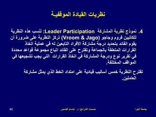 ‫البترا‬ ‫جامعة‬
‫الشرائح‬ ‫صممت‬
:
‫د‬
.
‫الضمور‬ ‫ابتسام‬
40
‫نظريات‬
‫الموقفيـة‬ ‫القيادة‬
.4
‫المشاركة‬ ‫نظرية‬ ‫نموذج‬
Leader Participation
:
‫النظرية‬ ‫هذه‬ ‫تنسب‬
‫وجاجو‬ ‫فروم‬ ‫للكاتبين‬
(Vroom & Jago)
‫أن‬ ‫ضرورة‬ ‫على‬ ‫النظرية‬ ‫تركز‬
‫اتخا‬ ‫عملية‬ ‫في‬ ‫له‬ ‫التابعين‬ ‫األفراد‬ ‫مشاركة‬ ‫درجة‬ ‫بتحديد‬ ‫القائد‬ ‫يقوم‬
‫ذ‬
‫م‬ ‫قواعد‬ ‫مجموعة‬ ‫اتباع‬ ‫القائد‬ ‫على‬ ‫وتقترح‬ ‫بالجماعة‬ ‫المتعلقة‬ ‫القرارات‬
‫حددة‬
‫تشجي‬ ‫يجب‬ ‫التي‬ ‫القرارات‬ ‫اتخاذ‬ ‫في‬ ‫المشاركة‬ ‫ودرجة‬ ‫نوع‬ ‫تقرير‬ ‫في‬
‫في‬ ‫عها‬
‫المختلفة‬ ‫المواقف‬
.
‫مشاركة‬ ‫يمثل‬ ‫الذي‬ ‫الخط‬ ‫امتداد‬ ‫على‬ ‫قيادية‬ ‫أساليب‬ ‫خمس‬ ‫النظرية‬ ‫تقترح‬
‫العاملين‬
.
 