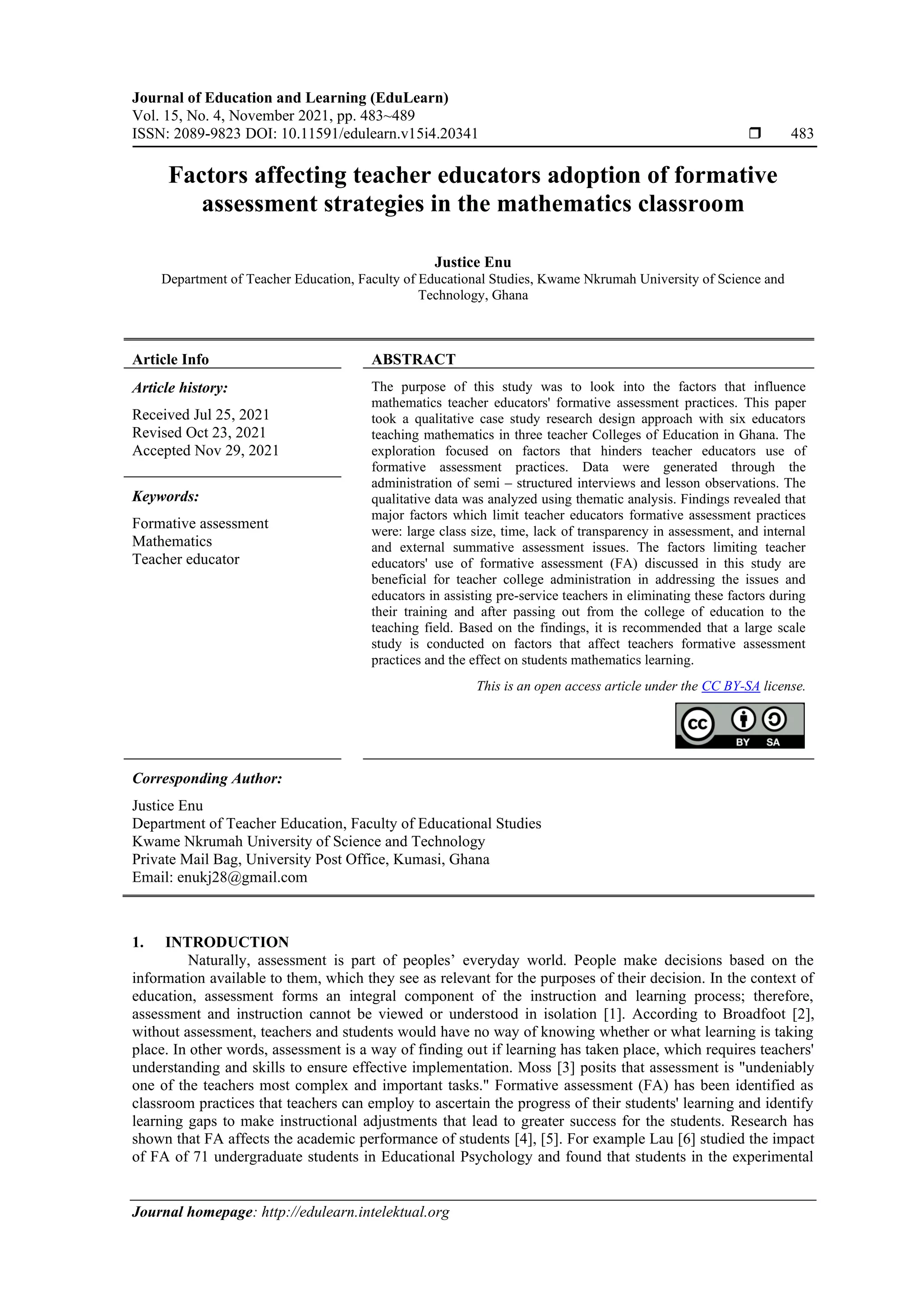 Factors affecting teacher educators adoption of formative assessment ...