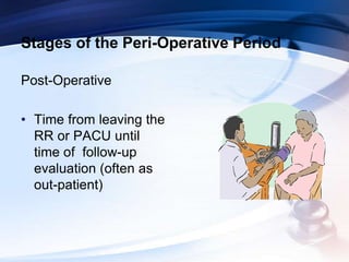 Stages of the Peri-Operative Period
Post-Operative
• Time from leaving the
RR or PACU until
time of follow-up
evaluation (often as
out-patient)
 