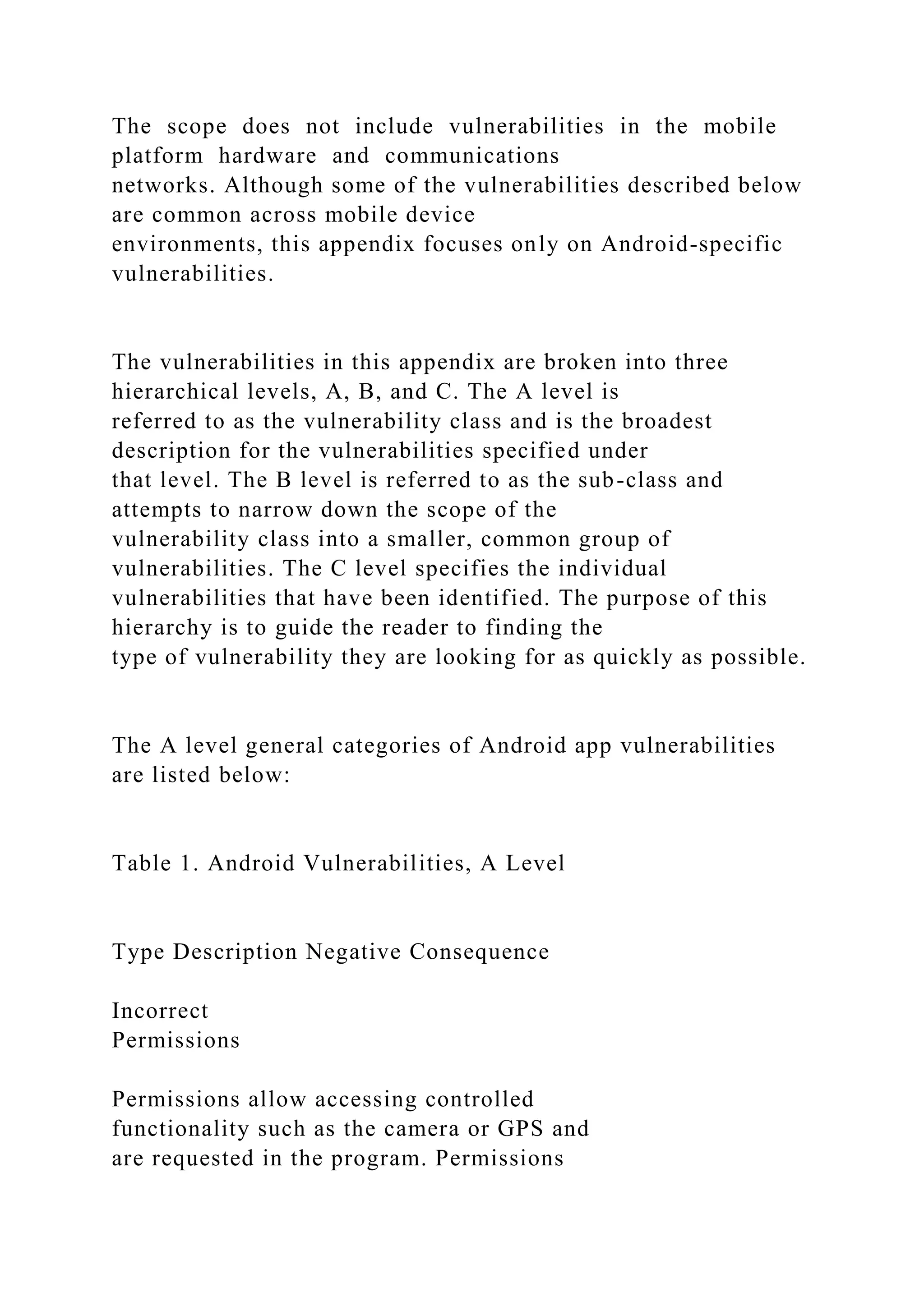 The scope does not include vulnerabilities in the mobile
platform hardware and communications
networks. Although some of the vulnerabilities described below
are common across mobile device
environments, this appendix focuses only on Android-specific
vulnerabilities.
The vulnerabilities in this appendix are broken into three
hierarchical levels, A, B, and C. The A level is
referred to as the vulnerability class and is the broadest
description for the vulnerabilities specified under
that level. The B level is referred to as the sub-class and
attempts to narrow down the scope of the
vulnerability class into a smaller, common group of
vulnerabilities. The C level specifies the individual
vulnerabilities that have been identified. The purpose of this
hierarchy is to guide the reader to finding the
type of vulnerability they are looking for as quickly as possible.
The A level general categories of Android app vulnerabilities
are listed below:
Table 1. Android Vulnerabilities, A Level
Type Description Negative Consequence
Incorrect
Permissions
Permissions allow accessing controlled
functionality such as the camera or GPS and
are requested in the program. Permissions
 