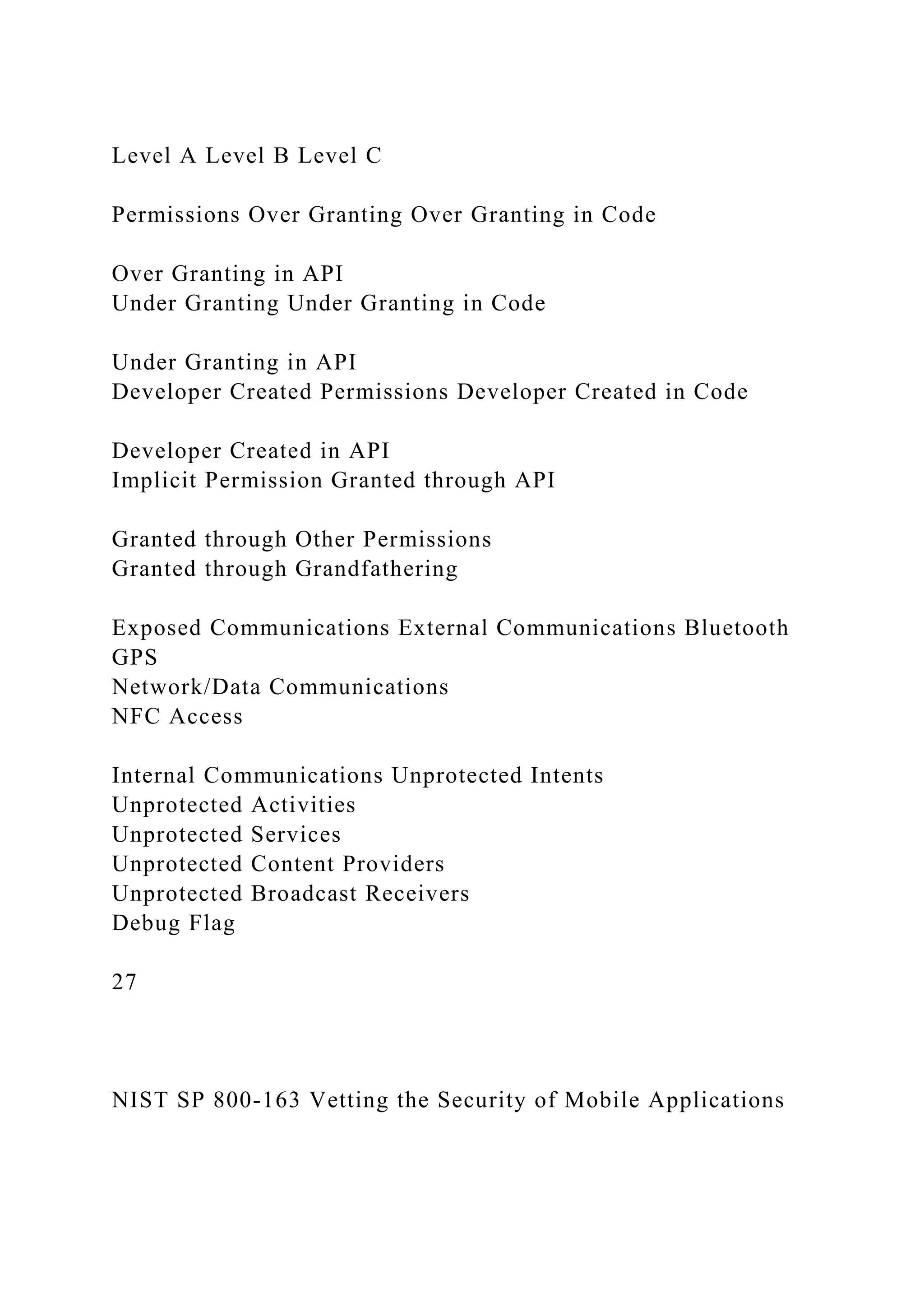 Level A Level B Level C
Permissions Over Granting Over Granting in Code
Over Granting in API
Under Granting Under Granting in Code
Under Granting in API
Developer Created Permissions Developer Created in Code
Developer Created in API
Implicit Permission Granted through API
Granted through Other Permissions
Granted through Grandfathering
Exposed Communications External Communications Bluetooth
GPS
Network/Data Communications
NFC Access
Internal Communications Unprotected Intents
Unprotected Activities
Unprotected Services
Unprotected Content Providers
Unprotected Broadcast Receivers
Debug Flag
27
NIST SP 800-163 Vetting the Security of Mobile Applications
 