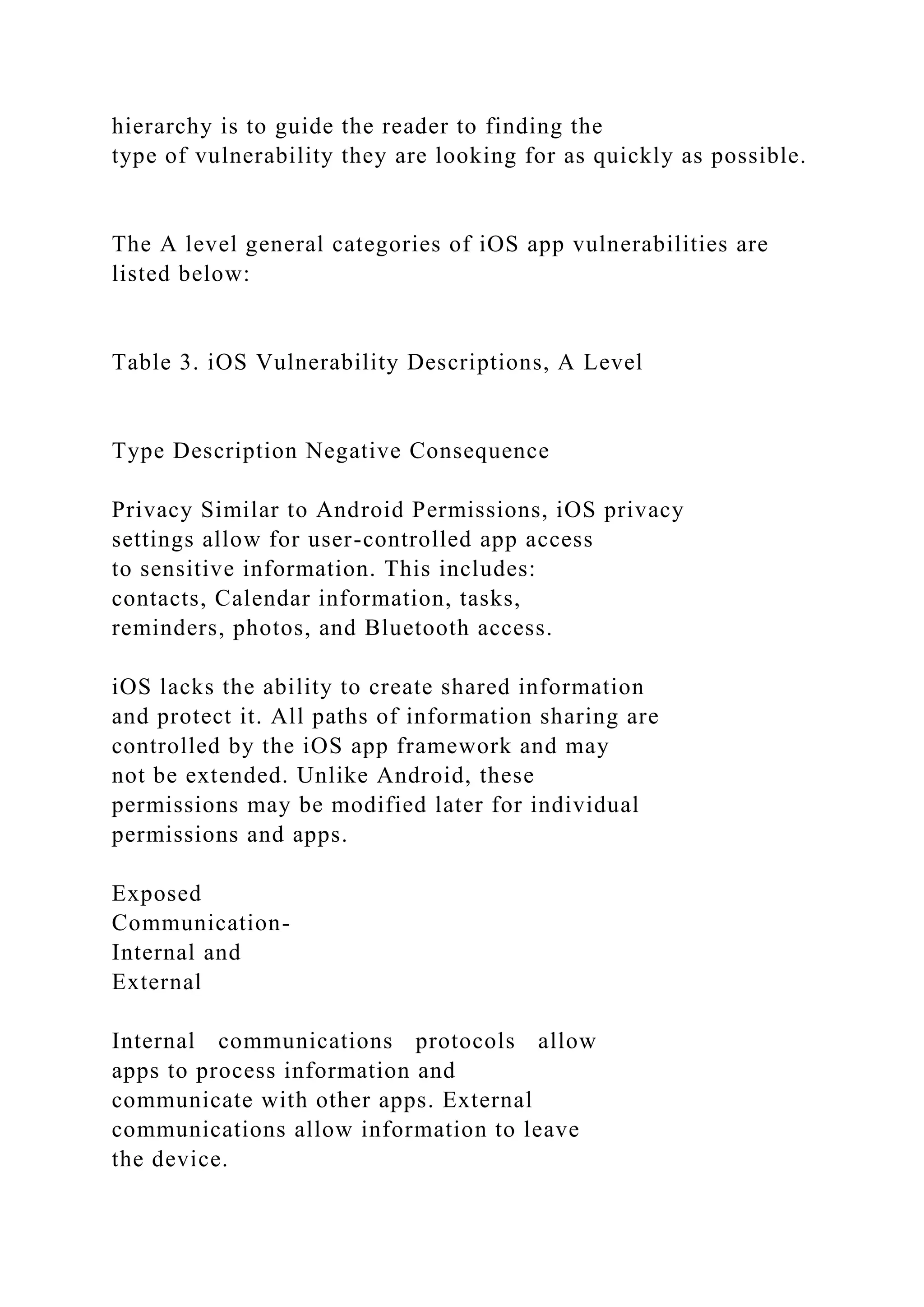 hierarchy is to guide the reader to finding the
type of vulnerability they are looking for as quickly as possible.
The A level general categories of iOS app vulnerabilities are
listed below:
Table 3. iOS Vulnerability Descriptions, A Level
Type Description Negative Consequence
Privacy Similar to Android Permissions, iOS privacy
settings allow for user-controlled app access
to sensitive information. This includes:
contacts, Calendar information, tasks,
reminders, photos, and Bluetooth access.
iOS lacks the ability to create shared information
and protect it. All paths of information sharing are
controlled by the iOS app framework and may
not be extended. Unlike Android, these
permissions may be modified later for individual
permissions and apps.
Exposed
Communication-
Internal and
External
Internal communications protocols allow
apps to process information and
communicate with other apps. External
communications allow information to leave
the device.
 