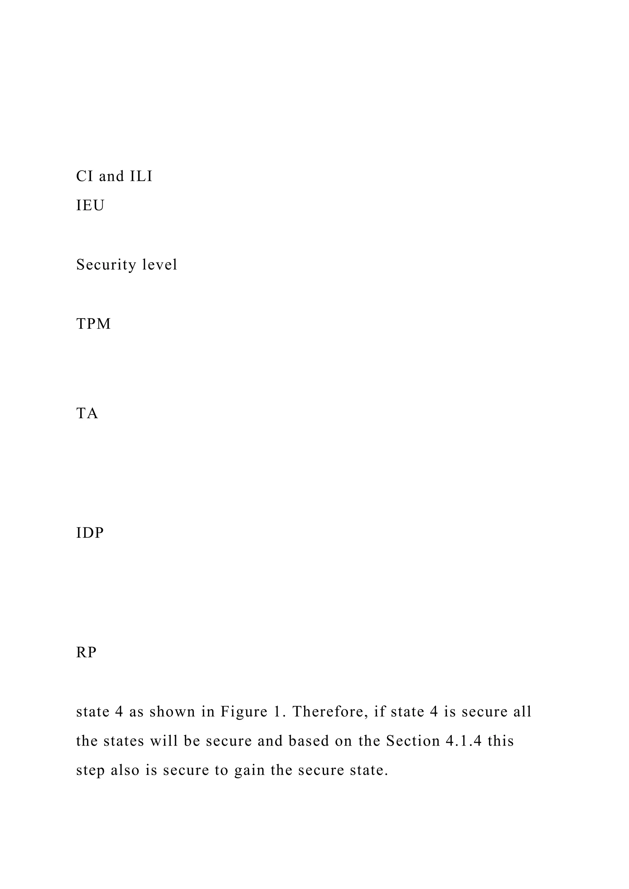CI and ILI
IEU
Security level
TPM
TA
IDP
RP
state 4 as shown in Figure 1. Therefore, if state 4 is secure all
the states will be secure and based on the Section 4.1.4 this
step also is secure to gain the secure state.
 