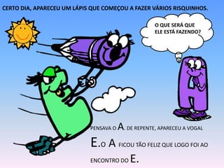 CERTO DIA, APARECEU UM LÁPIS QUE COMEÇOU A FAZER VÁRIOS RISQUINHOS.
O QUE SERÁ QUE
ELE ESTÁ FAZENDO?
PENSAVA O A. DE REPENTE, APARECEU A VOGAL
E.O A FICOU TÃO FELIZ QUE LOGO FOI AO
ENCONTRO DO E.
 