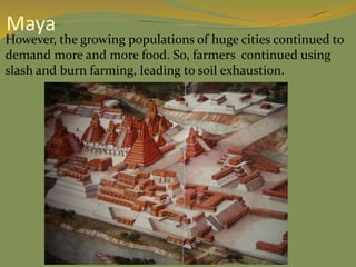  However, the growing populations of huge cities continued to
demand more and more food. So, farmers continued using
slash and burn farming, leading to soil exhaustion.
Maya
 