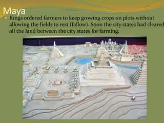  Kings ordered farmers to keep growing crops on plots without
allowing the fields to rest (fallow). Soon the city states had cleared
all the land between the city states for farming.
Maya
 