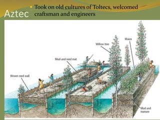 Aztec
 Took on old cultures of Toltecs, welcomed
craftsman and engineers
 