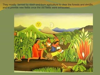 They mostly farmed by slash-and-burn agriculture to clear the forests and shrubs,
and to provide new fields once the old fields were exhausted.
 