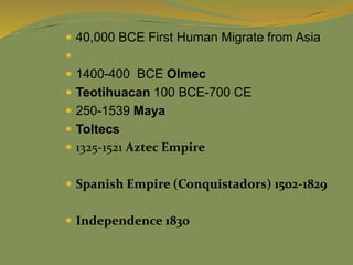  40,000 BCE First Human Migrate from Asia

 1400-400 BCE Olmec
 Teotihuacan 100 BCE-700 CE
 250-1539 Maya
 Toltecs
 1325-1521 Aztec Empire
 Spanish Empire (Conquistadors) 1502-1829
 Independence 1830
 