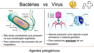 Bactérias vs Vírus
• São seres unicelulares que possuem
na sua constituição organelos;
• Para sobreviver não precisam de um
hospedeiro.
• Apenas possuem uma cápsula a qual
armazena o material genético;
• Para sobreviver precisam de um
hospedeiro
Agentes patogénicos
 