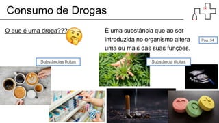 Consumo de Drogas
O que é uma droga??? É uma substância que ao ser
introduzida no organismo altera
uma ou mais das suas funções.
Pág. 34
Substâncias lícitas Substância ilícitas
 