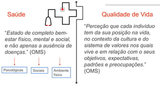 Saúde
“Estado de completo bem-
estar físico, mental e social,
e não apenas a ausência de
doenças.” (OMS)
Qualidade de Vida
“Perceção que cada indivíduo
tem da sua posição na vida,
no contexto da cultura e do
sistema de valores nos quais
vive e em relação com o seus
objetivos, expectativas,
padrões e preocupações.”
(OMS)
Psicológicas Sociais Ambiente
físico
 