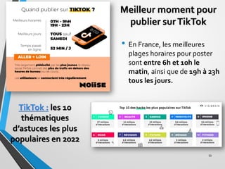 Meilleur moment pour
publier surTikTok
• En France, les meilleures
plages horaires pour poster
sont entre 6h et 10h le
mat...