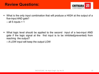  What is the only input combination that will produce a HIGH at the output of a
five-input AND gate?
– all 5 inputs = 1
 What logic level should be applied to the second input of a two-input AND
gate if the logic signal at the first input is to be inhibited(prevented) from
reaching the output?
– A LOW input will keep the output LOW
22
DELD (EC105) Mr. Rajvir Singh - Gp. No.23
Review Questions:
 