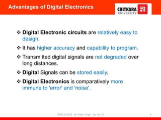  Digital Electronic circuits are relatively easy to
design.
 It has higher accuracy and capability to program.
 Transmitted digital signals are not degraded over
long distances.
 Digital Signals can be stored easily.
 Digital Electronics is comparatively more
immune to 'error' and 'noise'.
Advantages of Digital Electronics
DELD (EC105) Mr. Rajvir Singh - Gp. No.23 6
 