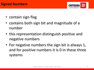 • contain sign flag
• contains both sign bit and magnitude of a
number
• this representation distinguish positive and
negative numbers
• For negative numbers the sign bit is always 1,
and for positive numbers it is 0 in these three
systems
Signed Numbers
DELD (EC105) Mr. Rajvir Singh - Gp. No.23 75
 