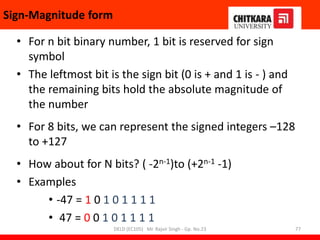Sign-Magnitude form
• For n bit binary number, 1 bit is reserved for sign
symbol
• The leftmost bit is the sign bit (0 is + and 1 is - ) and
the remaining bits hold the absolute magnitude of
the number
• For 8 bits, we can represent the signed integers –128
to +127
• How about for N bits? ( -2n-1)to (+2n-1 -1)
• Examples
• -47 = 1 0 1 0 1 1 1 1
• 47 = 0 0 1 0 1 1 1 1
DELD (EC105) Mr. Rajvir Singh - Gp. No.23 77
 