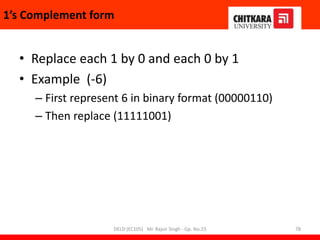 1’s Complement form
• Replace each 1 by 0 and each 0 by 1
• Example (-6)
– First represent 6 in binary format (00000110)
– Then replace (11111001)
DELD (EC105) Mr. Rajvir Singh - Gp. No.23 78
 