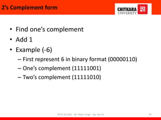 2’s Complement form
• Find one’s complement
• Add 1
• Example (-6)
– First represent 6 in binary format (00000110)
– One’s complement (11111001)
– Two’s complement (11111010)
DELD (EC105) Mr. Rajvir Singh - Gp. No.23 79
 