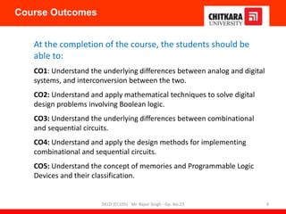 At the completion of the course, the students should be
able to:
CO1: Understand the underlying differences between analog and digital
systems, and interconversion between the two.
CO2: Understand and apply mathematical techniques to solve digital
design problems involving Boolean logic.
CO3: Understand the underlying differences between combinational
and sequential circuits.
CO4: Understand and apply the design methods for implementing
combinational and sequential circuits.
CO5: Understand the concept of memories and Programmable Logic
Devices and their classification.
Course Outcomes
DELD (EC105) Mr. Rajvir Singh - Gp. No.23 9
 