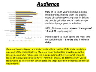 Audience
95% of 16 to 24-year olds have a social
media profile, making them the biggest
users of social networking sites in Britain.
As people get older, social media usage
statistics by age point to a decline.
59% of internet users between the ages of
18 and 29 use Instagram
My research on Instagram and social media tell me that for 18-24 social media is a
large part of the majorities lives. My research on the hobbies provides me with a
general idea on what hobbies are the most popular and therefore what interests
people of that age group would have. From this I am able to determine why young
adults would be interested in certain cafés and shops based off of interests and social
media trends.
People aged 16 to 24 spend the most time
on social media – 3 hours and 1 minute
daily.
 