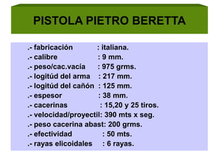 PISTOLA PIETRO BERETTA
1. .- fabricación : italiana.
2. .- calibre : 9 mm.
3. .- peso/cac.vacía : 975 grms.
4. .- logitúd del arma : 217 mm.
5. .- logitúd del cañón : 125 mm.
6. .- espesor : 38 mm.
7. .- cacerinas : 15,20 y 25 tiros.
8. .- velocidad/proyectil: 390 mts x seg.
9. .- peso cacerina abast: 200 grms.
10. .- efectividad : 50 mts.
11. .- rayas elicoidales : 6 rayas.
 