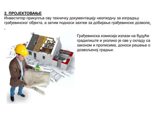 2. ПРОЈЕКТОВАЊЕ
Инвеститор прикупља сву техничку документацију неопходну за изградњу
грађевинског објекта, а затим подноси захтев за добијање грађевинске дозволе.
Грађевинска комисија излази на будуће
градилиште и уколико је све у складу са
законом и прописима, доноси решење о
дозвољеној градњи.
 