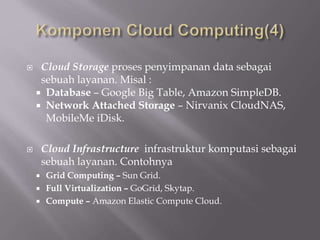  Cloud Storage proses penyimpanan data sebagai
sebuah layanan. Misal :
 Database – Google Big Table, Amazon SimpleDB.
 Network Attached Storage – Nirvanix CloudNAS,
MobileMe iDisk.
 Cloud Infrastructure infrastruktur komputasi sebagai
sebuah layanan. Contohnya
 Grid Computing – Sun Grid.
 Full Virtualization – GoGrid, Skytap.
 Compute – Amazon Elastic Compute Cloud.
 