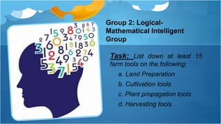 Group 2: Logical-
Mathematical Intelligent
Group
Task: List down at least 15
farm tools on the following;
a. Land Preparation
b. Cultivation tools
c. Plant propagation tools
d. Harvesting tools
 
