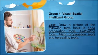 Group 4: Visual-Spatial
Intelligent Group
Task: Draw a picture of the
following farm tools in Land
preparation tools, Cultivation
tools, Plant propagation tools
and harvesting tools.
.
 