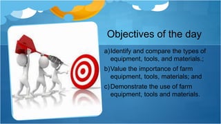 Objectives of the day
a)Identify and compare the types of
equipment, tools, and materials.;
b)Value the importance of farm
equipment, tools, materials; and
c)Demonstrate the use of farm
equipment, tools and materials.
 