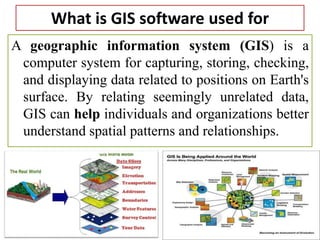 What is GIS software used for
A geographic information system (GIS) is a
computer system for capturing, storing, checking,
and displaying data related to positions on Earth's
surface. By relating seemingly unrelated data,
GIS can help individuals and organizations better
understand spatial patterns and relationships.
 