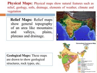Physical Maps: Physical maps show natural features such as
relief, geology, soils, drainage, elements of weather, climate and
vegetation
Relief Maps: Relief maps
show general topography
of an area like mountains
and valleys, plains,
plateaus and drainage.
Geological Maps: These maps
are drawn to show geological
structures, rock types, etc.
 
