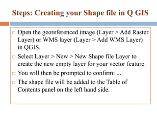 Steps: Creating your Shape file in Q GIS
 Open the georeferenced image (Layer > Add Raster
Layer) or WMS layer (Layer > Add WMS Layer)
in QGIS.
 Select Layer > New > New Shape file Layer to
create the new empty layer for your vector feature.
 You will then be prompted to confirm: ...
 The shape file will be added to the Table of
Contents panel on the left hand side.
 