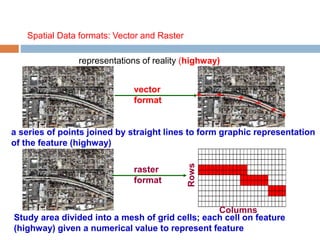 Spatial Data formats: Vector and Raster
representations of reality (highway)
vector
format
raster
format
a series of points joined by straight lines to form graphic representation
of the feature (highway)
Study area divided into a mesh of grid cells; each cell on feature
(highway) given a numerical value to represent feature
Columns
Rows
 