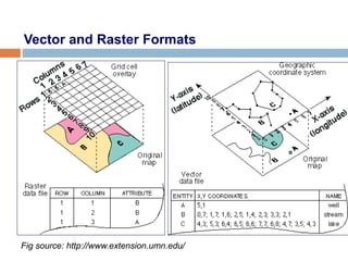 Vector and Raster Formats
Fig source: http://www.extension.umn.edu/
 