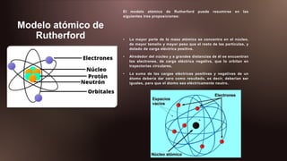 Modelo atómico de
Rutherford
El modelo atómico de Rutherford puede resumirse en las
siguientes tres proposiciones:
• La mayor parte de la masa atómica se concentra en el núcleo,
de mayor tamaño y mayor peso que el resto de las partículas, y
dotado de carga eléctrica positiva.
• Alrededor del núcleo y a grandes distancias de él se encuentran
los electrones, de carga eléctrica negativa, que lo orbitan en
trayectorias circulares.
• La suma de las cargas eléctricas positivas y negativas de un
átomo debería dar cero como resultado, es decir, deberían ser
iguales, para que el átomo sea eléctricamente neutro.
 