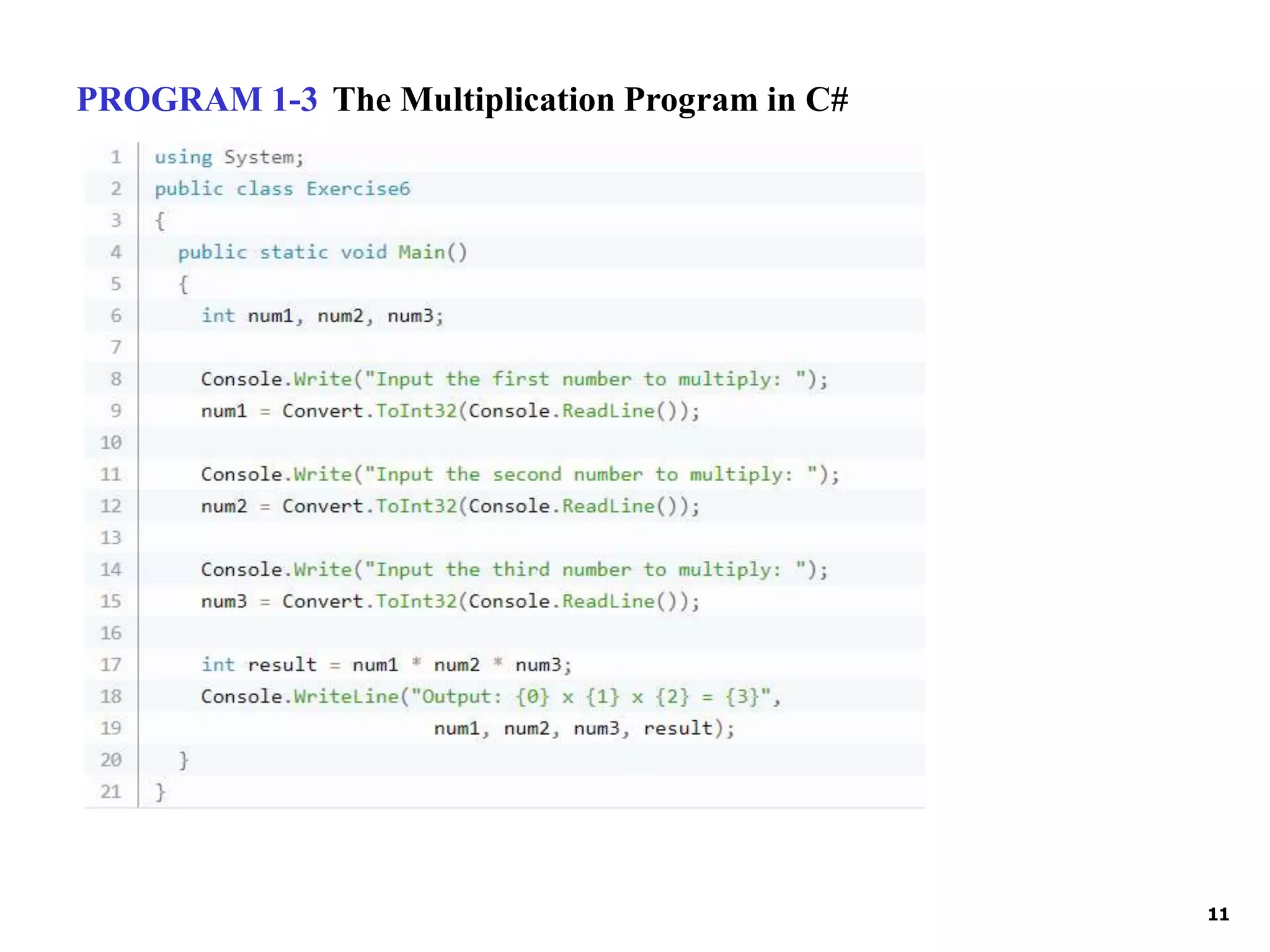 11
PROGRAM 1-3 The Multiplication Program in C#
 