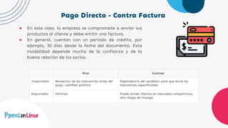 Pago Directo - Contra Factura
● En este caso, la empresa se compromete a enviar sus
productos al cliente y debe emitir una factura.
● En general, cuentan con un periodo de crédito, por
ejemplo, 30 días desde la fecha del documento. Esta
modalidad depende mucho de la confianza y de la
buena relación de los socios.
Pros Contras
Importador Recepción de las mercancías antes del
pago, cashflow positivo
Dependencia del vendedor para que envíe las
mercancías especificadas
Exportador Mínimos Puede atraer clientes en mercados competitivos,
alto riesgo de impago
 